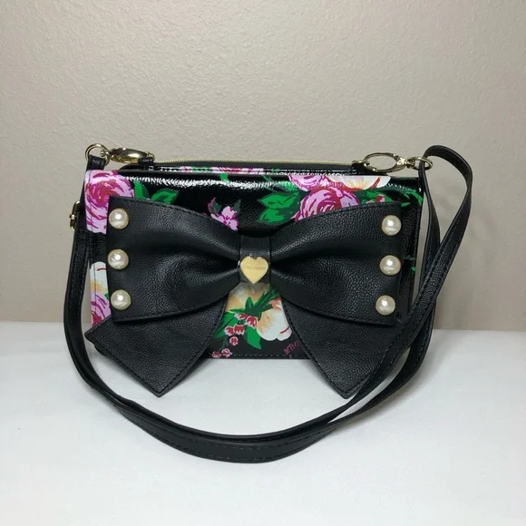 Betsey Johnson Faux Leather Romantic Floral Multi Pockets Crossbody Purse - Picture 13 of 16